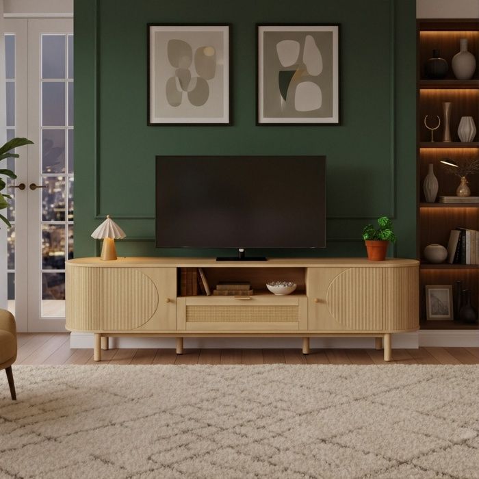 Meuble TV 175cm Bois Naturel - Portes Incurvées & Tiroirs en Rotin - Pieds Métal - Rangement Salon XXL Bohème Scandinave