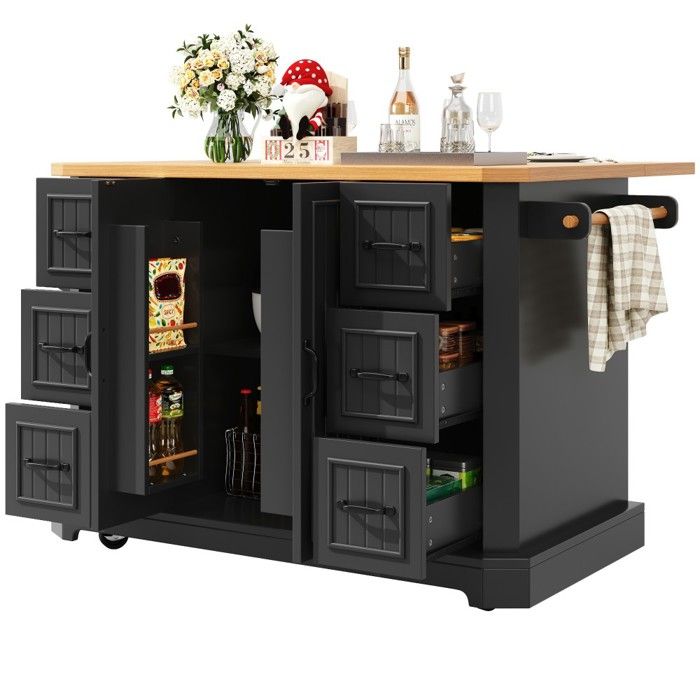 Îlot de cuisine mobile sur roulettes meuble de cuisine avec 2 portes et 6 tiroirs desserte de cuisine noir 120x45-75x91cm