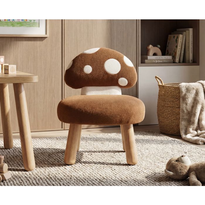 DAYALANE Petite Chaise Enfant avec Dossier Champignon Tabouret Enfant Pieds en Bois Fauteuil Enfant pour Chambre Chenille Marron