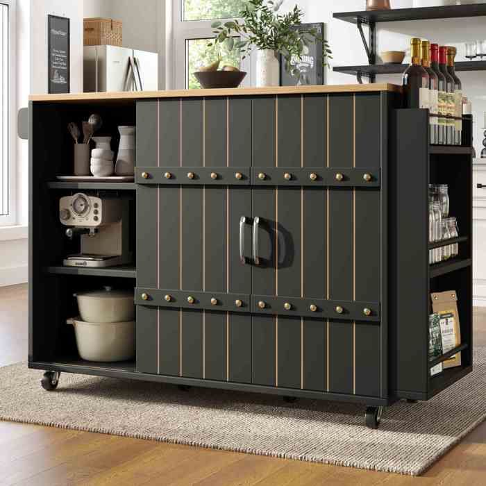 Îlot central de cuisine - HIBA - Design portes coulissantes - Plateau rabattable 70 cm - 3 tiroirs & étagère - Roulettes freinées