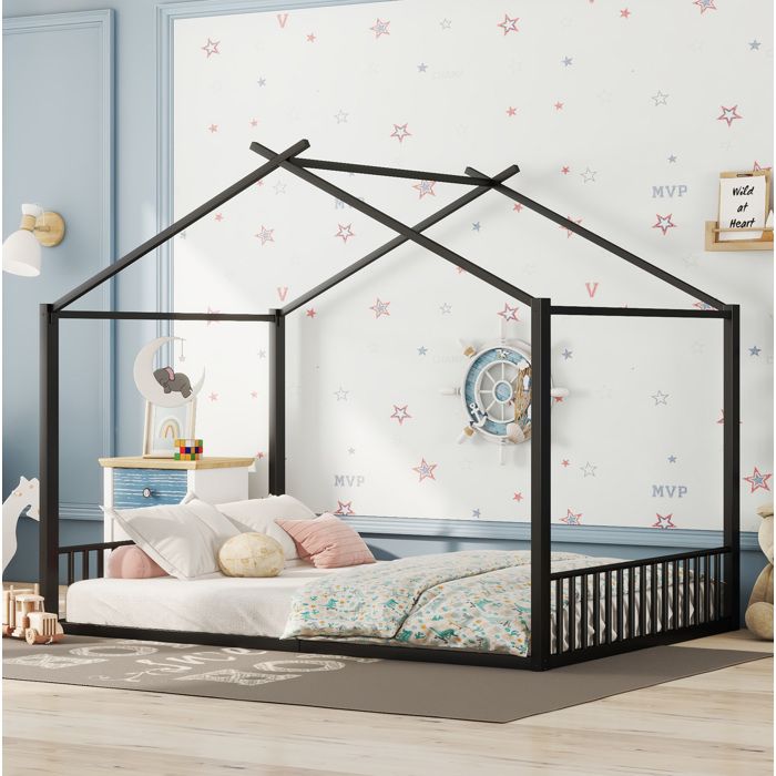 Lit cabane enfant 140×200 cm cadre en métal noir sommier à lattes 14 montage facile - BEAUNIV - sans matelas