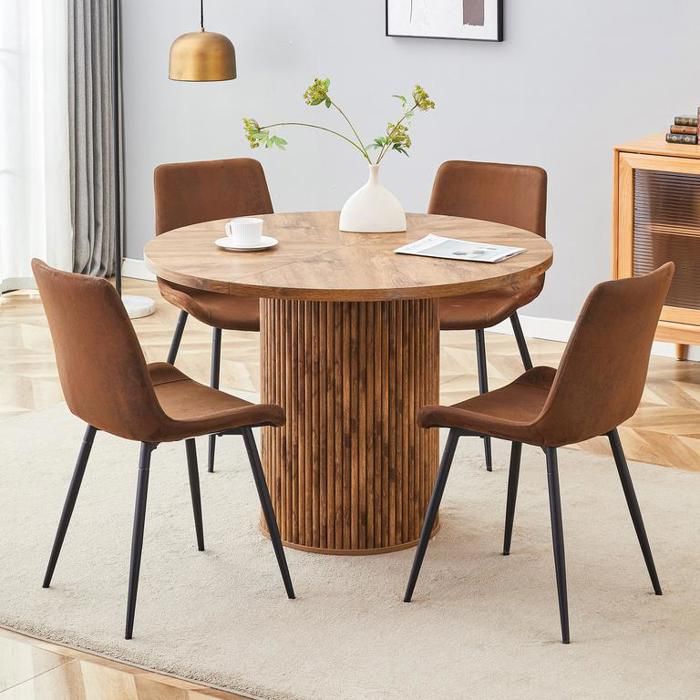 Table à manger avec 4 chaises en tissu high-tech marron Ensemble table et chaises salle a manger ronde en MDF de 100 cm de diamètre
