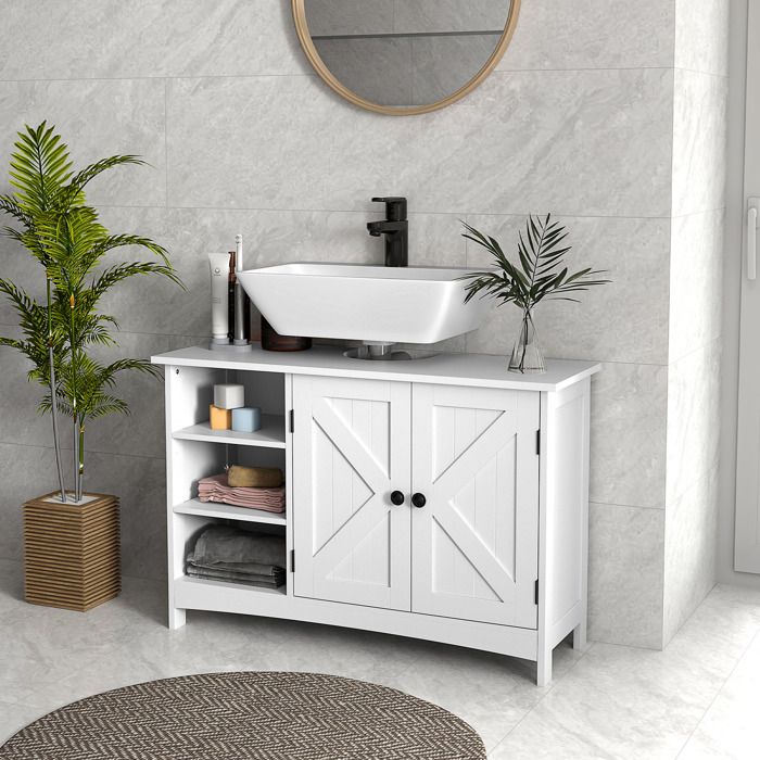 MOTHINESSTO1943-Meuble sous vasque lavabo salle de bain style classique placard 2 portes étagères réglables 90 x 30 x 60 cm blanc