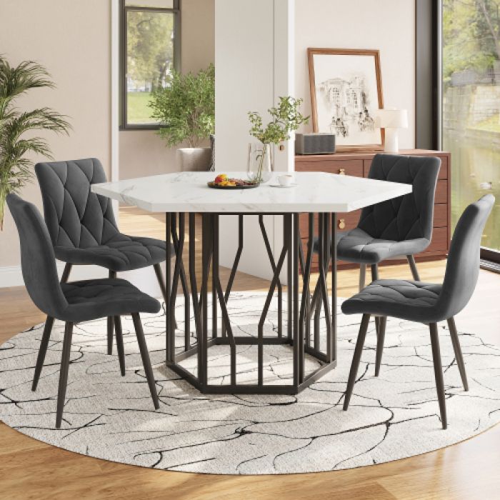 Chaise de salle à manger 5 pièces moderne table hexagonale aspect marbre + 4 Chaise de salle à manger velours gris chaleureux