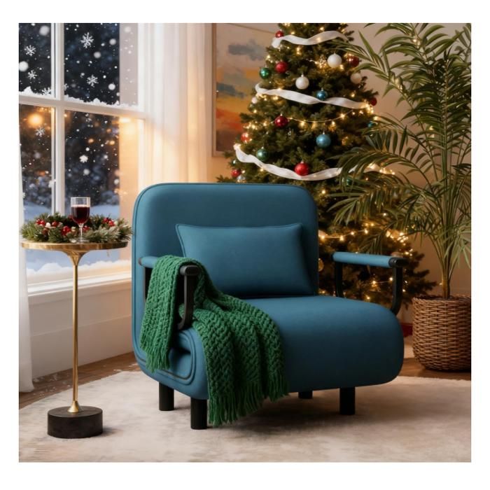 Chauffeuse Canapé-lit Fauteuil Convertible Grand Confort Coussin Accoudoirs Métal 60L x 68I x 85H cm(Bleu)