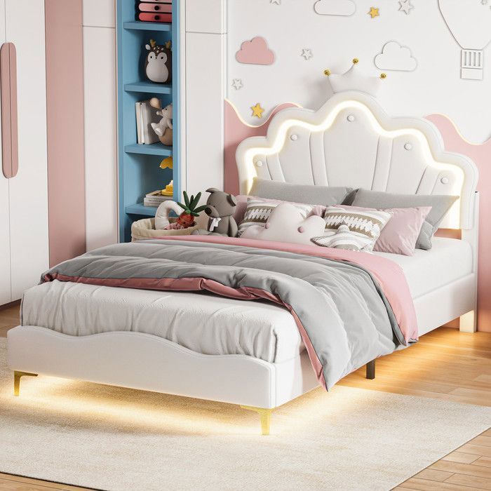 Lit princesse enfant 140x190cm avec éclairage LED tête de lit Couronne et réglable en Hauteur sommier à lattes en bois PU Blanc
