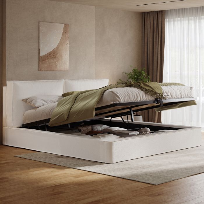 Lit - Lit capitonné - 180 x 200 cm - Sommier à lattes inclus - Revêtement bouclé beige