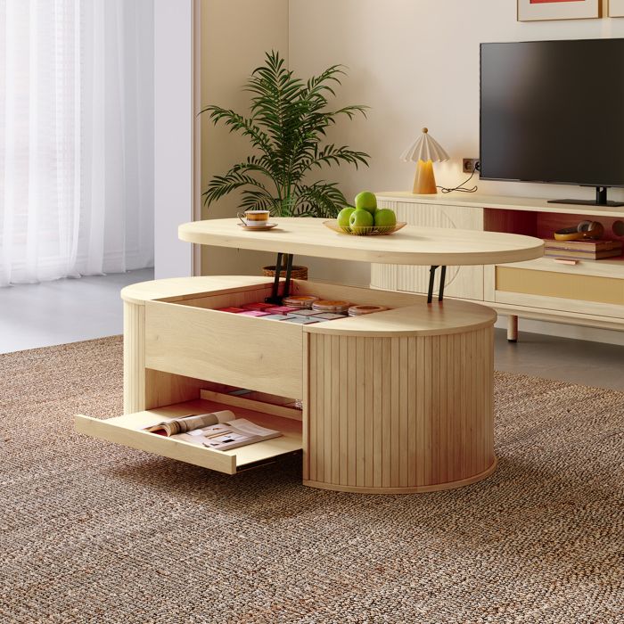 LPOSPI Table basse relevable étagère extensible design incurvé MDF naturel 110x55 5x40 cm