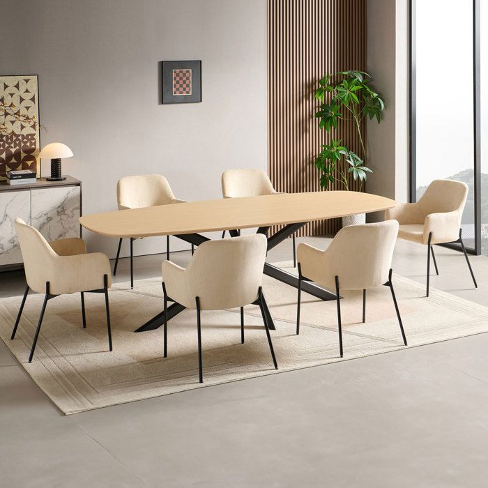 Ensemble table 240 cm effet chêne + 6 chaises velours côtelé beige