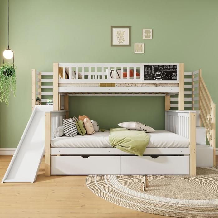 Lit superposé - KOMHTOM - Lit cabane enfant - 140x200 & 90x200 - Toboggan - Rangements intégrés
