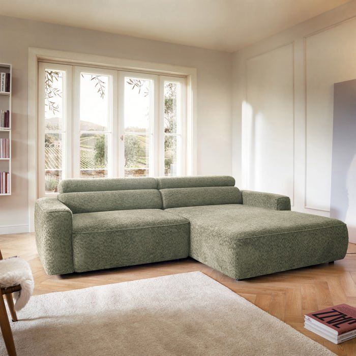 Canapé d’angle – FANDO – assise électrique – en chenille – vert sauge – droit