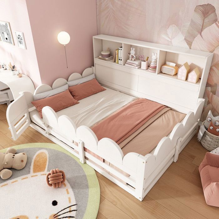Bladez - Lit enfant 140x190 cm lit double avec 3 compartiments de rangement ouverts - Lit coffre avec barrières de sécurité - Blanc