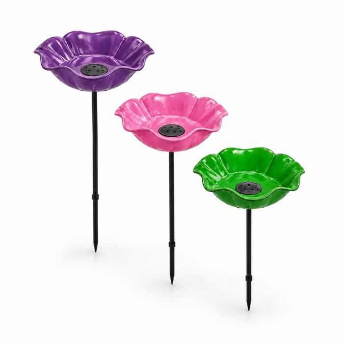 3pcsabreuvoirs à oiseaux sur piquet (Abreuvoirs en métal avec fleurs colorées) Abreuvoir décoratif pour oiseaux 15 x 15 x 5 cm