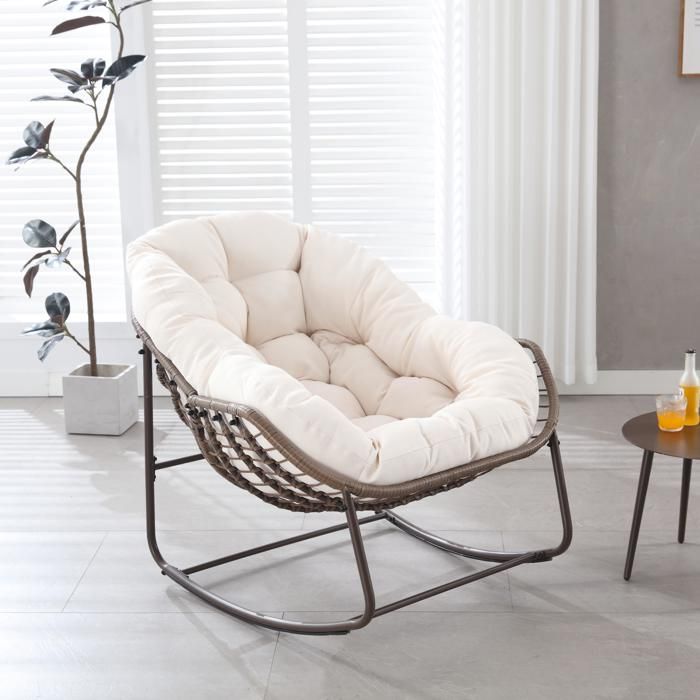 Fauteuil à bascule œuf en rotin synthétique blanc avec coussin épais intérieur extérieur 106 x 90 x 78 cm