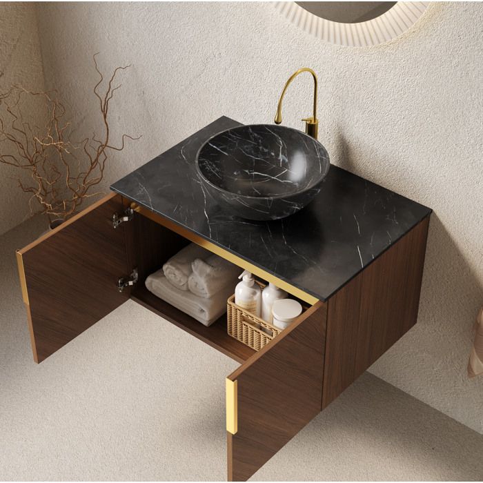 Meuble sous vasque suspendu 76 cm avec vasque ronde en céramique plan noir en pierre 2 portes aspect chêne brun
