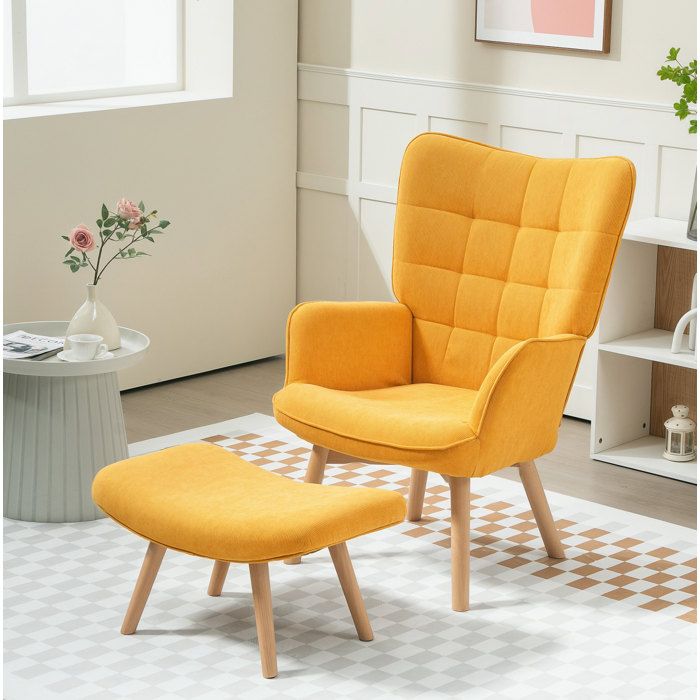 Fauteuil bergère relax avec repose-pieds tissu polyester côtelé orange structure bois 72 x 80 x 101 cm ORVRYN