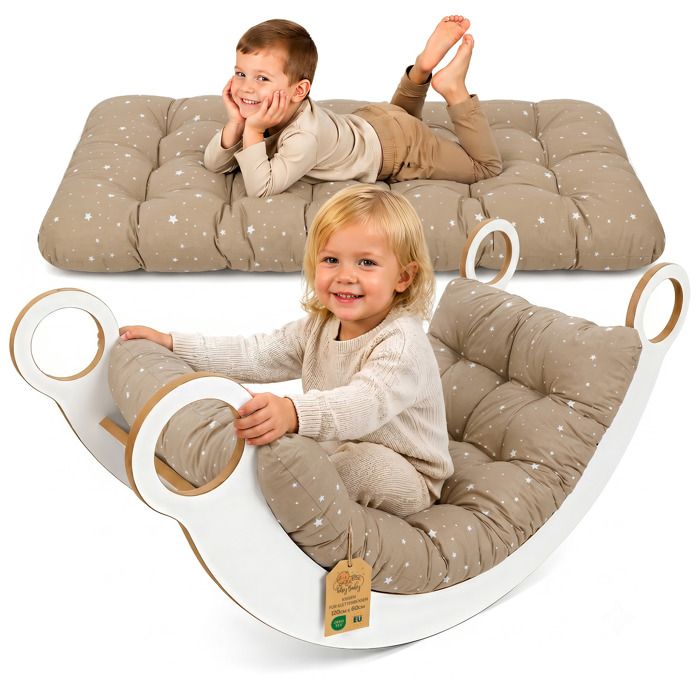 Coussin pour arc Montessori & bascule 60x120 cm - matelas de sol enfant - assise détente sieste pour Beige avec étoiles blanches