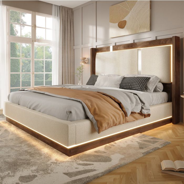 ROVRYN Lit double 140 x 190 cm avec sommier à lattes coffre hydraulique LED intégrée lin beige et noyer