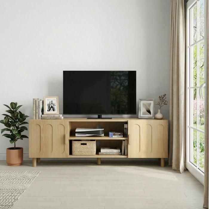 Meuble TV 140 cm avec 2 portes niche ouverte et passe-câbles - TCQPZ - Style campagne Salon MDF Chêne