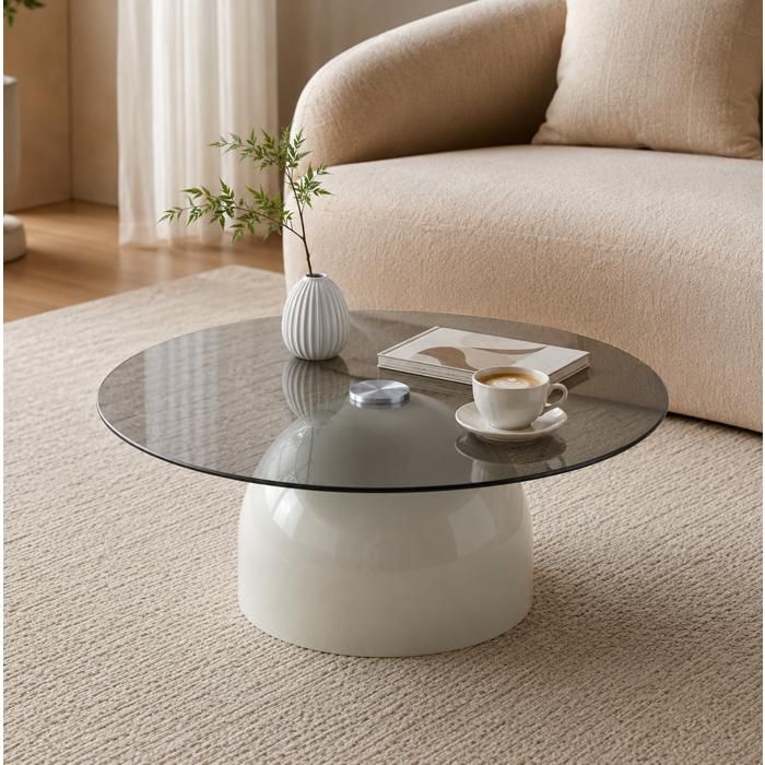 Table basse ronde en verre trempé Ø 70 cm avec socle en acier au carbone gris hauteur 30 cm
