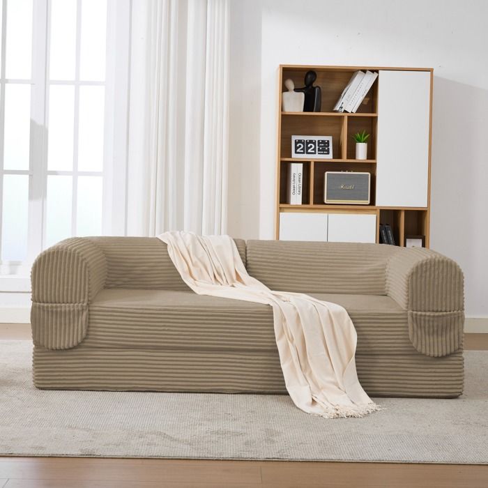 Canapé-Lit 2 Places Côtelé Beige Banquette Convertible FloraGrace Pour Salon Ou Chambre DAmis Gain De Place 2 En 1 190x78x65cm