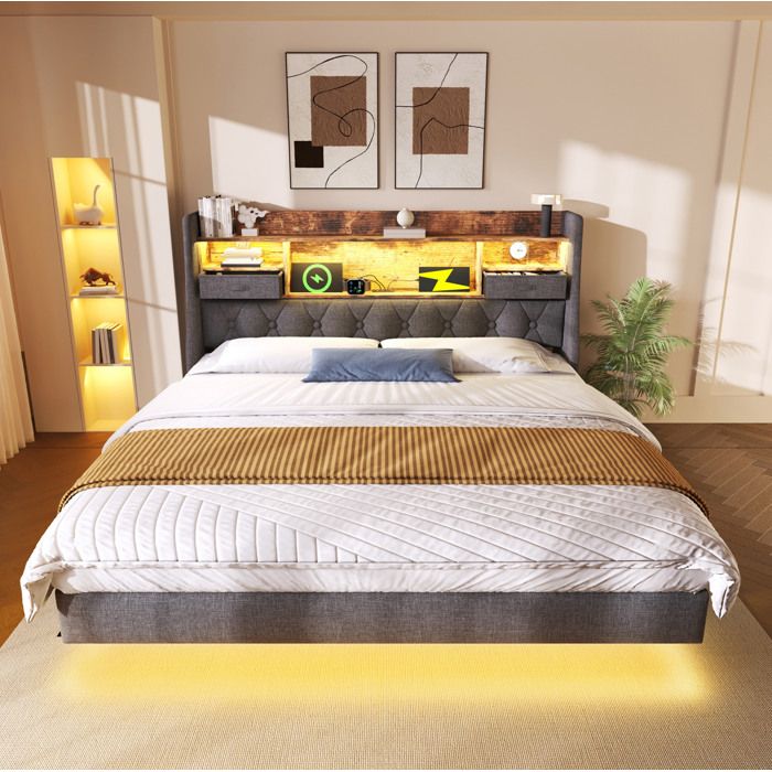 VEVXYN lit double 160 x 200 sommier a lattes rangement LED USB C tete de lit en lin gris avec station de charge