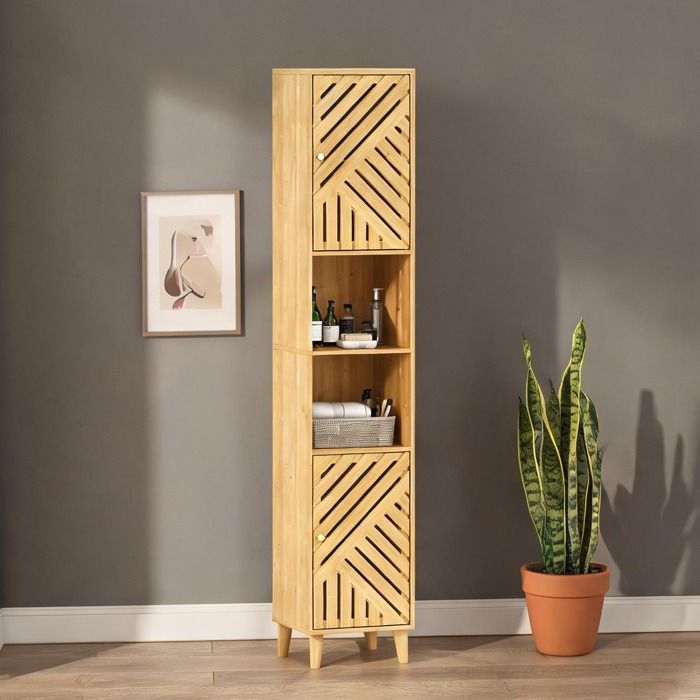 Colonne de rangement en panneau de particules finition bois naturel portes bambou ajourées étagères réglables compacte