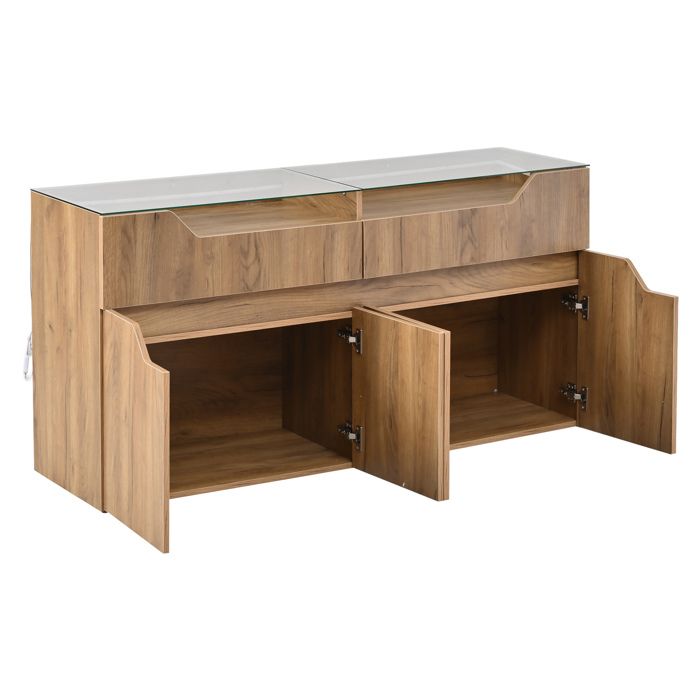 Buffet bas – aspect bois naturel – 140 x 40 x 70 cm – plateau en verre trempe 2 tiroirs MDF