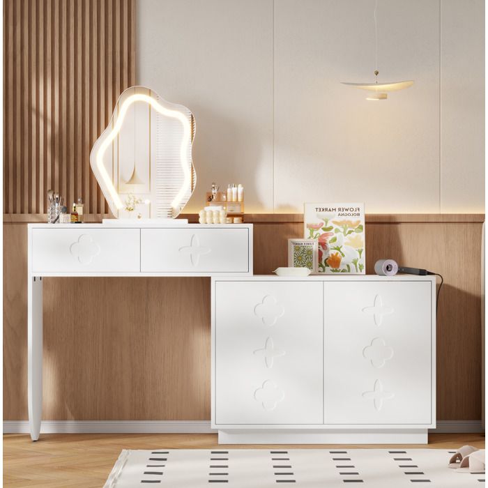 Coiffeuse avec miroir LED 2 Tiroirs et Armoire de Rangement 3 Températures de Couleur pour Chambre Blanc 160×40×132 cm