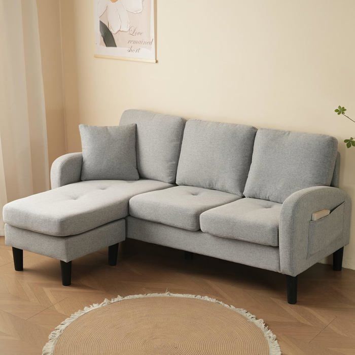 Canapé Angle Modulable 166cm Tissu Lin Coton Méridienne Réversible Canapé 3 Places Confortable Forme L pour Salon Gris Foncé Antique
