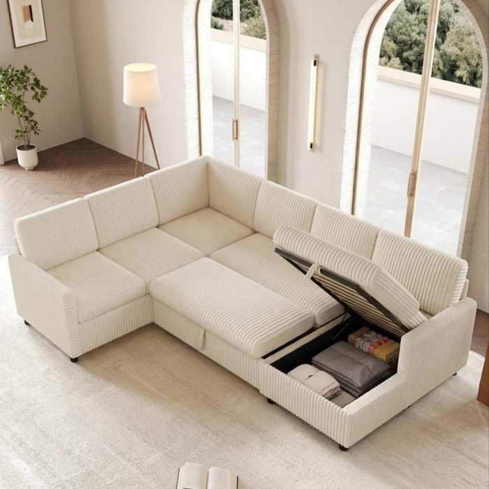 Canapé convertible dangle en U en velours côtelé avec couchage coulissant et méridienne de rangement beige