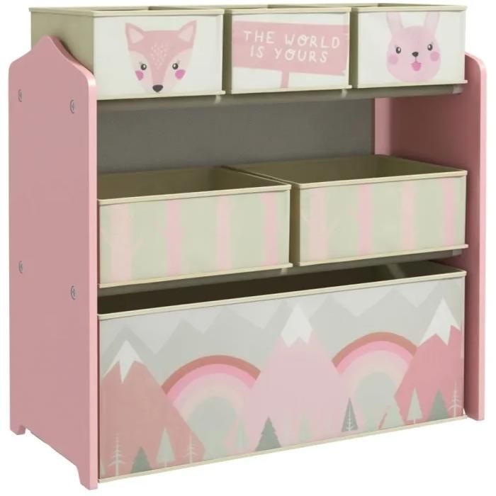 Armoire Enfant avec 6 Bacs de Rangement en Tissu Motif Mignon Organisateur Chambre Fille Rose 63x30x66 cm