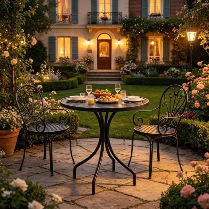 Espace pratique en extérieur table bistrot de jardin ronde Ø66 cm en acier galvanisé noir plateau rainuré anti-eau Espace pratique en extérieur table bistrot de jardin ronde Ø66 cm en acier galvanisé noir plateau rainuré anti-eau