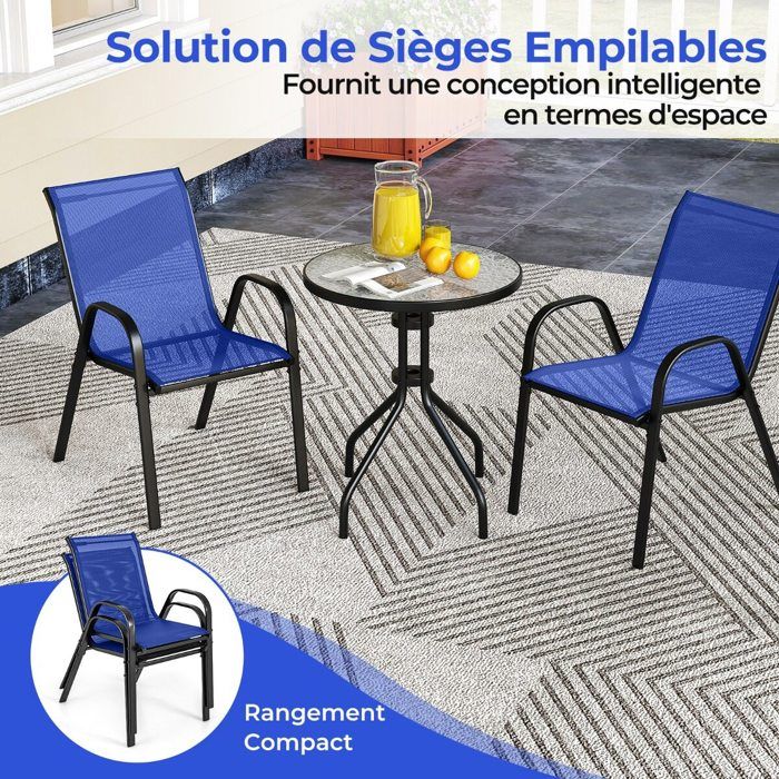 Set bistrot de jardin 3 pièces table ronde et 2 chaises empilables mobilier extérieur gain de place