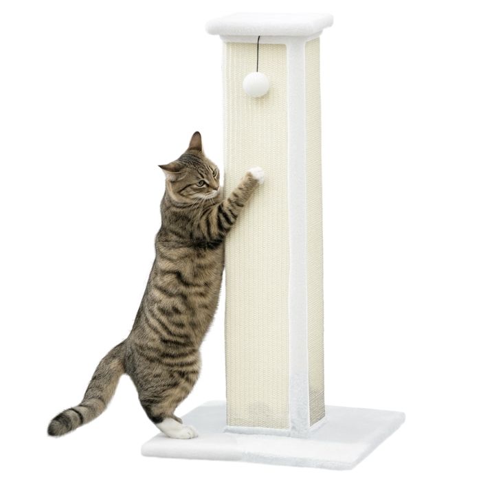 Griffoir pour chat - PawHut - boule suspendue - base stable - en sisal et peluche - 41 x 41 x 81 cm - blanc et crème