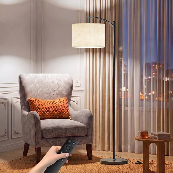 Lampadaire Salon Lampe sur Pied Arc avec Abat-Jour en Lin Beige Dimmable avec Télécommande et Interrupteur à Pédale Ampoule E27