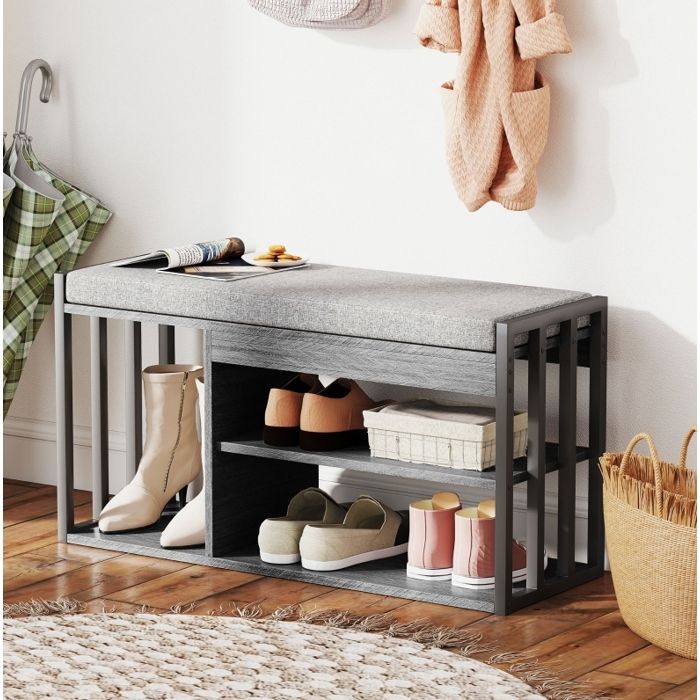 Meuble à Chaussures Banc 3 Niveaux Ouverts Coussin 5 cm - MEUNIQ - Entrée Bois Métal Gris 86×30×45 4 cm