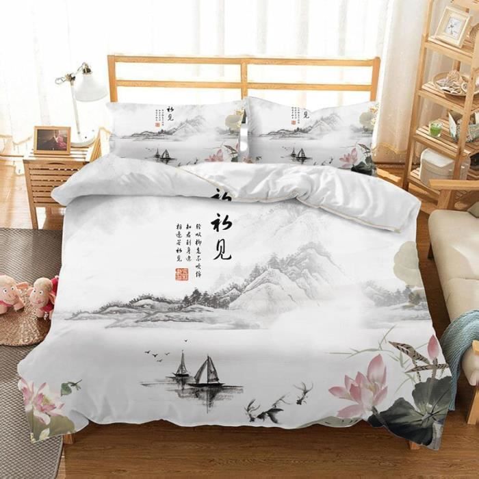 Housse De Couette Style Chinois 90x190 Cm - Microfibre Douce, Motif Paysage, Avec 2 Taies D'Oreiller