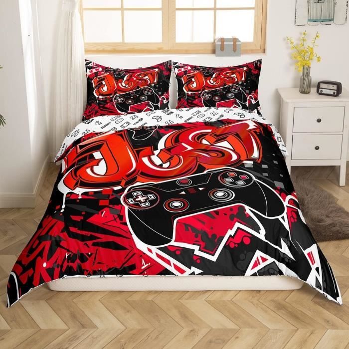 Housse De Couette Gamer 220x240cm - Motif Gamepad, Microfibre, 3 Pièces, Bleu Noir