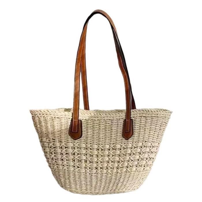 Sac de plage fourre-tout - Femme - Beige - Tissé à la main - Grande capacité - Corde de papier kraft