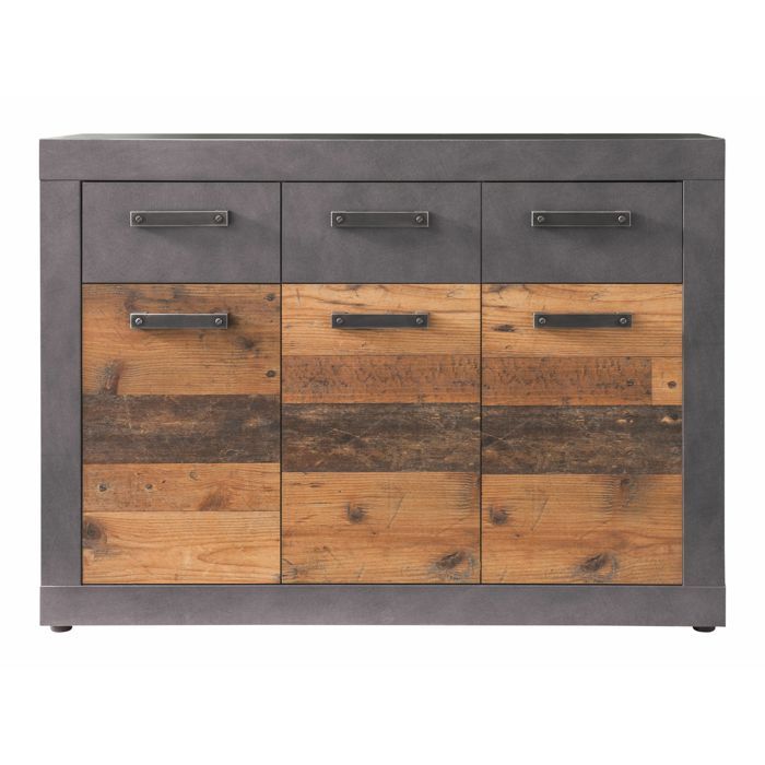 Meuble chambre. Commode avec 3 tiroirs en mélaminé coloris gris ciment portes bois effet vieilli. L - H - P : 117 - 86 - 37 cm. Meuble chambre. Commode avec 3 tiroirs en mélaminé coloris gris ciment portes bois effet vieilli. L - H - P : 117 - 86 - 37 cm.