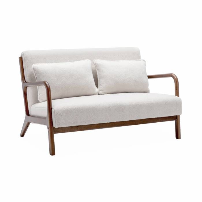 sweeek - Banquette scandinave 2 places bois dhévéa teinté noyer clair et bouclette LORENS