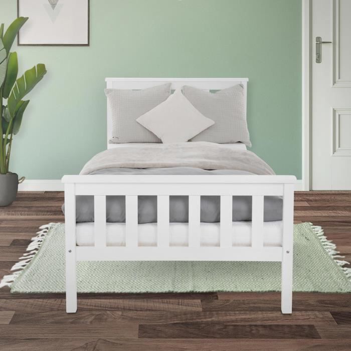 ml-design lit simple 90x200 cm avec cadre de lit et sommier à lattes, en bois de pin massif blanc, avec tête et pieds de lit
