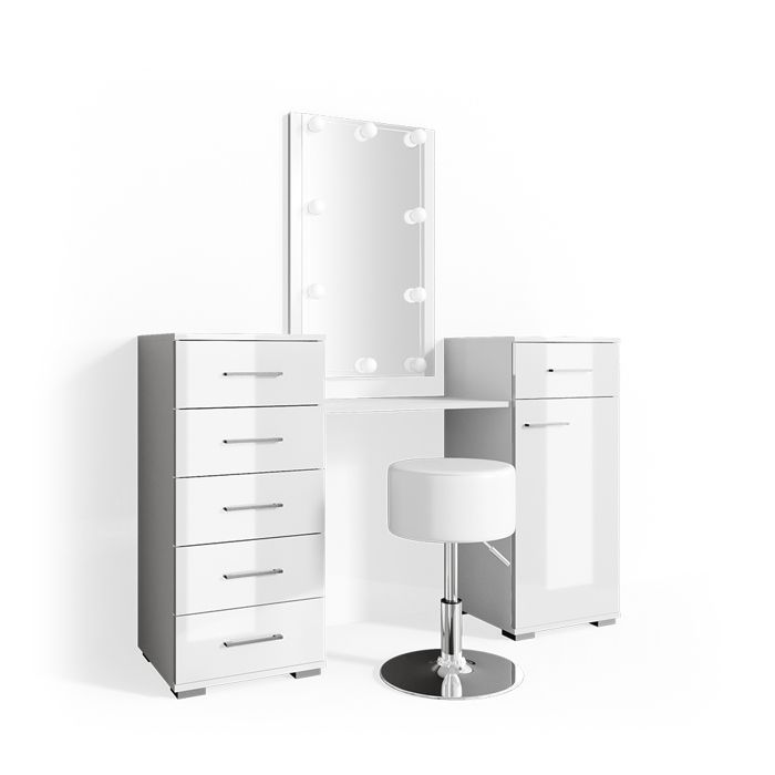Coiffeuse Conrada Avec Miroir LED Et Tabouret Vicco – Blanc – Mobilier Chambre