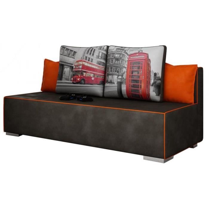 Canape Convertible A 2 Places En Tissu Noir Avec Coussins