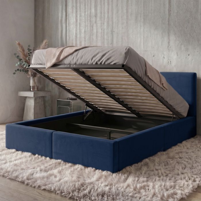 Lit coffre rembourré 160x200 cm 2 places avec sommier relevable gratuit inclus et tête de lit - Gain de place - Bleu Lit coffre rembourré 160x200 cm 2 places avec sommier relevable gratuit inclus et tête de lit - Gain de place - Bleu