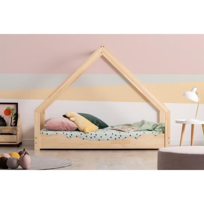 Lit Enfant 90 X 140 Cm Avec Sommier Type Cabane En Bois Naturel Modele Cd Cdiscount Maison