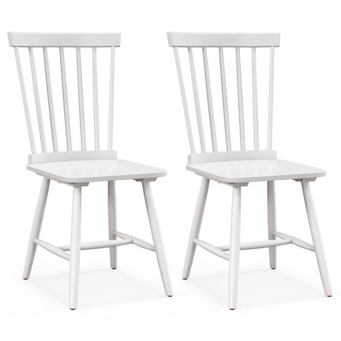costway lot de 2 chaises de salle à manger windsor sans accoudoirs avec dossier ergonomique en broche, hauteur du siège 46cm, blanc