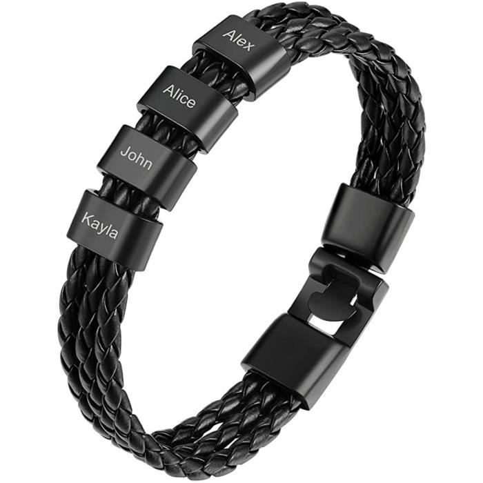 Bracelet homme en cuir noir et plaque en acier gravé