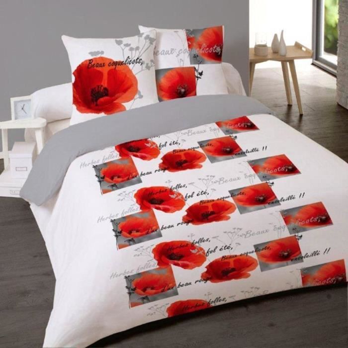 Housse de couette 220x240cm Coquelicot + 2 taies 65x65cm 100% coton